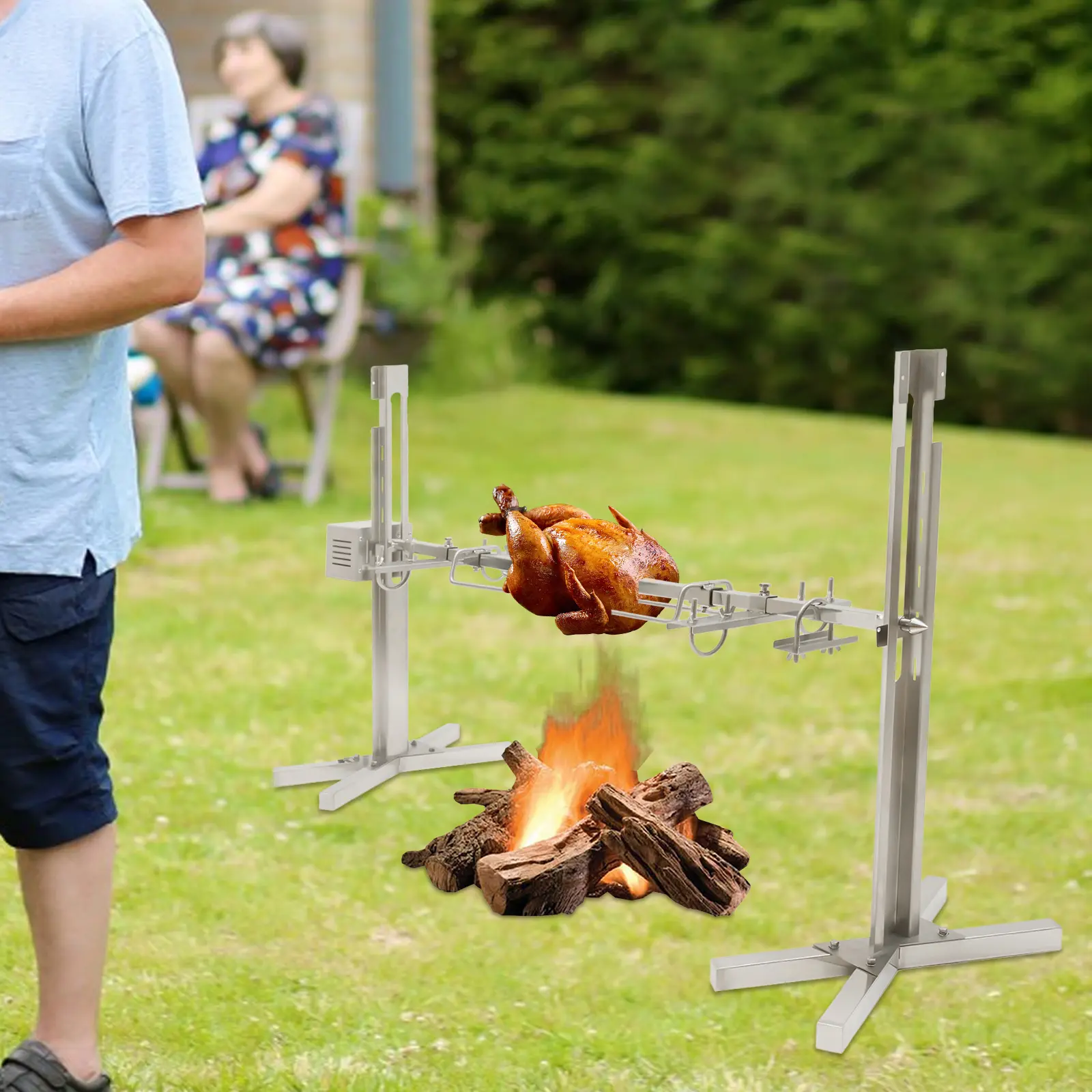 53 Inch Electric Rotisserie Grill Kit, 25W 360° Rotatable Stainless Steel Electric BBQ Grill Height Adjustable Camping Rotisserie Grill Outdoor Picnic Cooker Grill, 88lbs Bearing Capacity Birthday