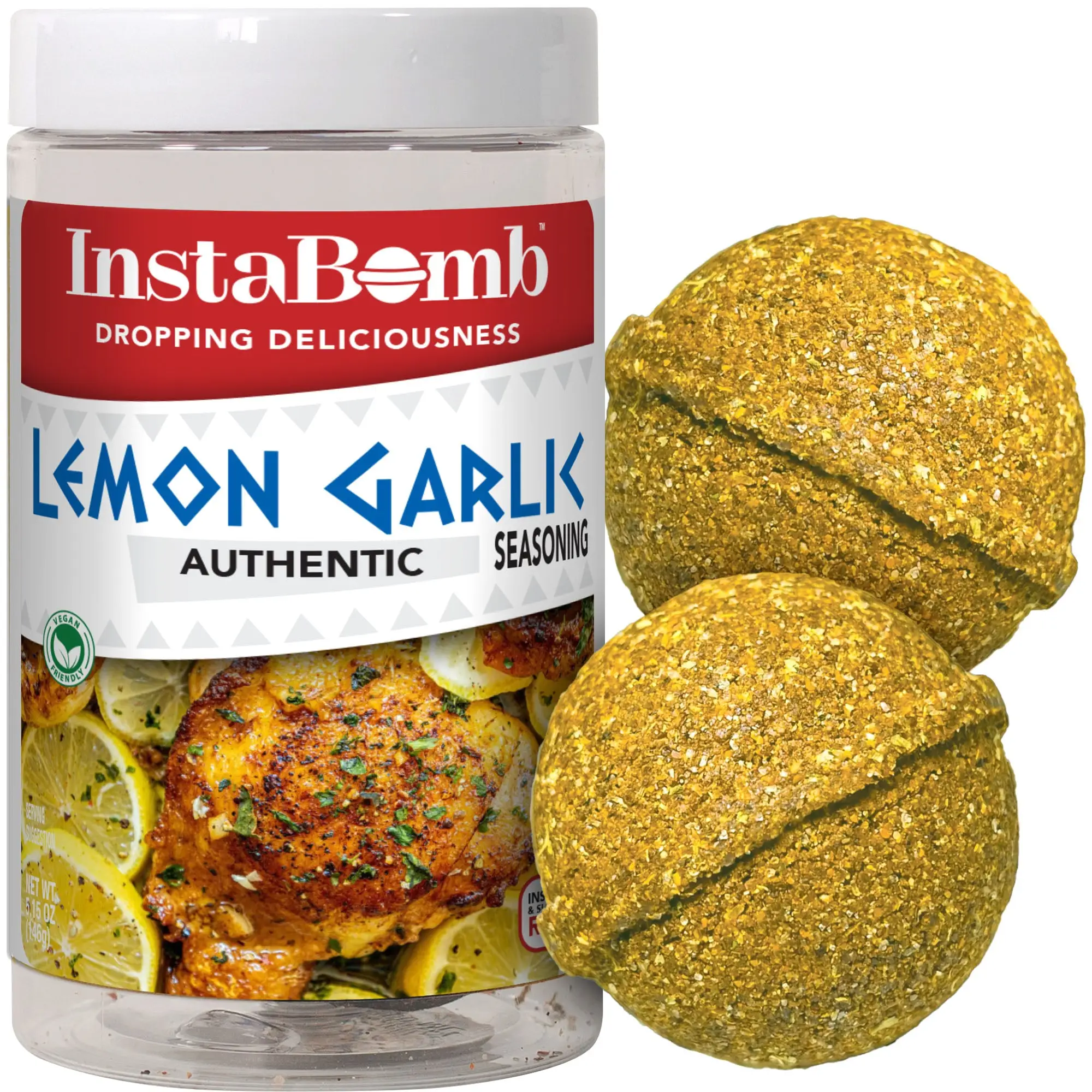InstaBomb Lemon Garlic Seasoning - 2 Bombs Per Jar, Feeds 16, All Purpose Flavor, Natural Herbal Organic, Vegan Friendly, Greek Inspired, Zesty Lemon