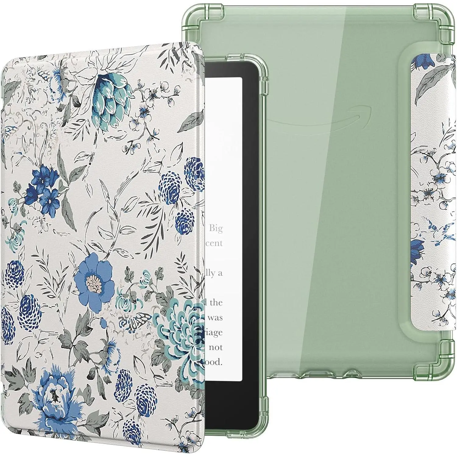 Case for 6.8" Kindle Paperwhite 11th Generation 2021&Kindle Paperwhite Signature Edition, Ultra Clear Soft Flexible Transparent TPU Back Cover Light Shell with Auto Wake/Sleep, White Blue Floral Green Device