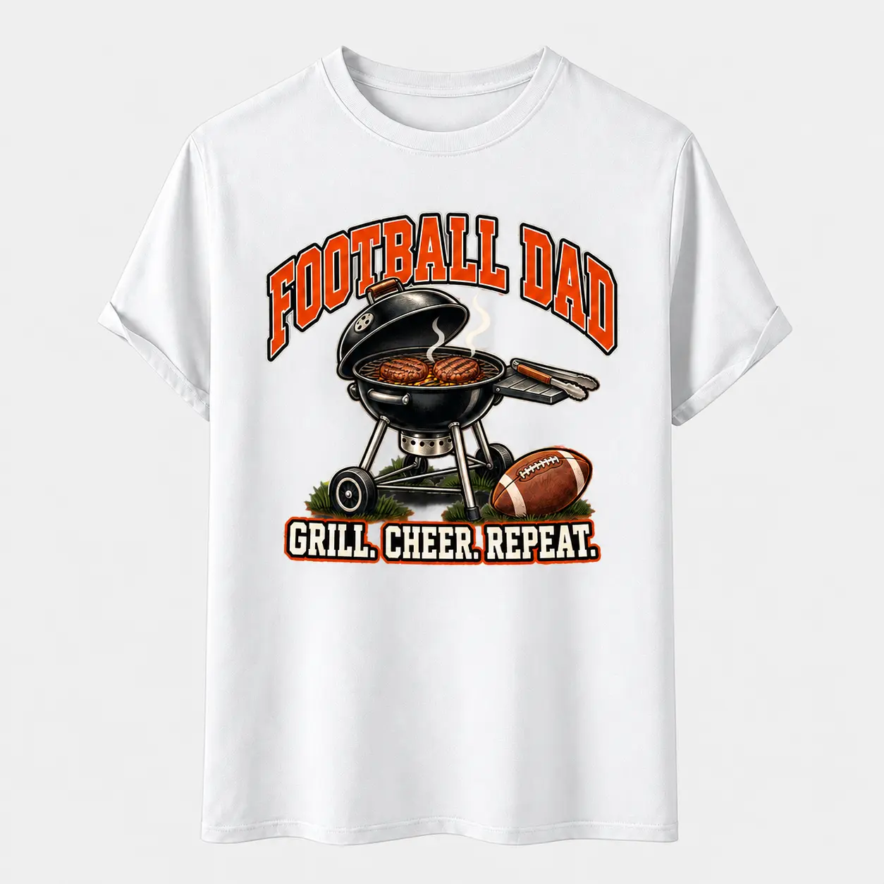 Football Dad Game Day T-Shirt, 180G 100% Cotton Grill Cheer Repeat Graphic Tee, Retro Tailgate BBQ Shirt, Short Sleeve Crew Neck Gift for Dad