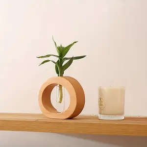Modern Minimalist Round Glass Vase with Wooden Base, Home Decoration, Living Room, Office Desktop Decor, Plant Hydroponic Vase
