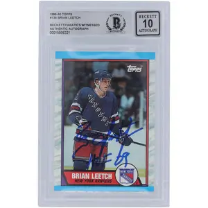 Brian Leetch New York Rangers Autographed 1989-90 Topps #136 Beckett Fanatics Witnessed Authenticated 10 Rookie Card with "HOF 09" Inscription - Fanatics Authentic Certified