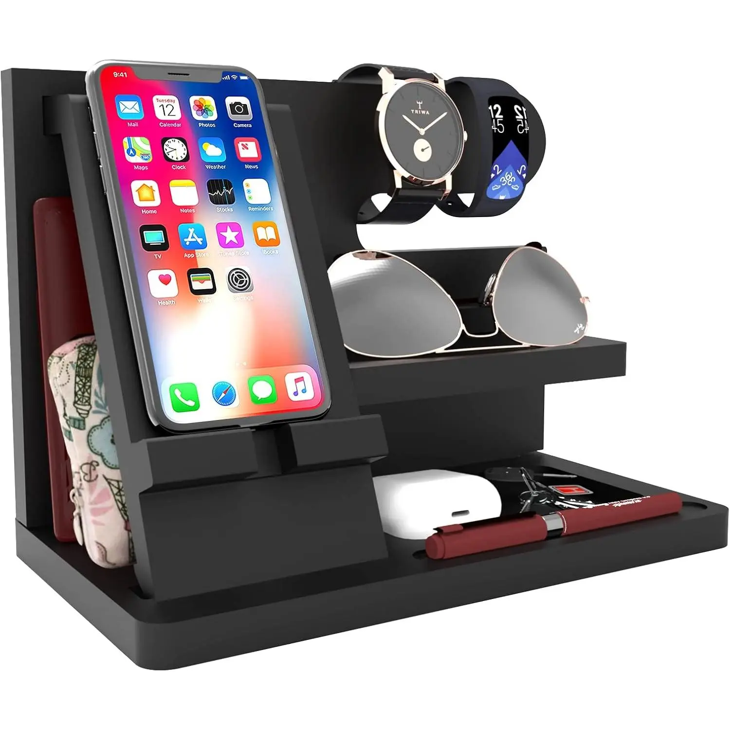 Gifts for Men Desk Organizer Wooden Phone Docking Station Key Wallet Holder Watch Organizer Men Birthday Gifts for Dad Birthday  Nightstand Organizer