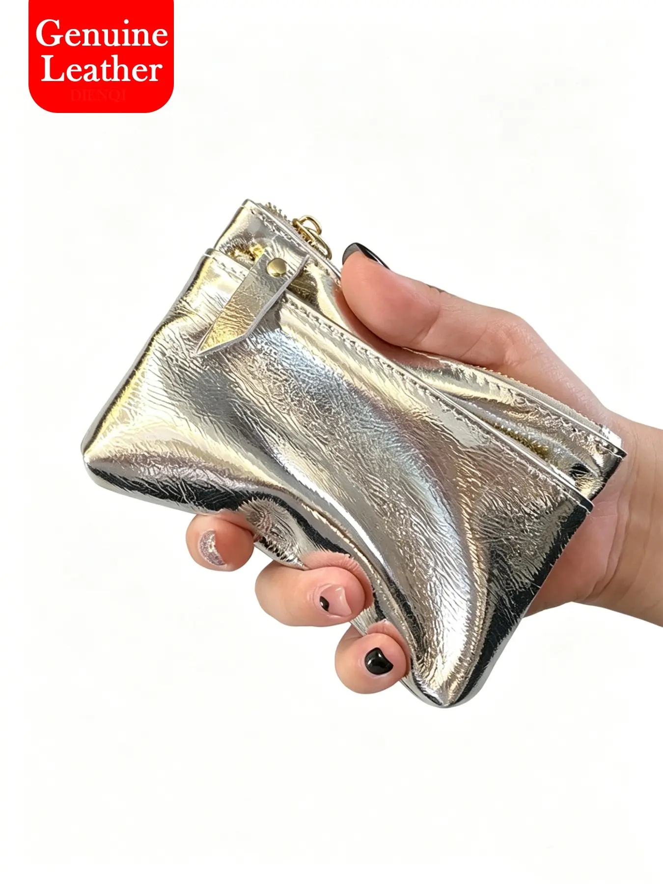 Shiny Silver Color Genuine Leather Small Wallet, Dual Zipper Coin Purse, Multiple Slots, Portable for Everyday Use & Travel Essentials