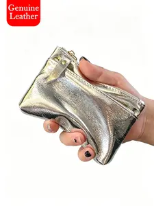 Shiny Silver Color Genuine Leather Small Wallet, Dual Zipper Coin Purse, Multiple Slots, Portable for Everyday Use & Travel Essentials