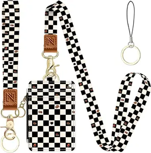 Black and White Checkered 2-in-1 ID Badge Holder & Lanyard Wallet for Teachers,Nurse,Professionals-Cute Zippered  Pouch,Removable Wristlet &  Lanyard,5 Card Slots Stylish Work Essential