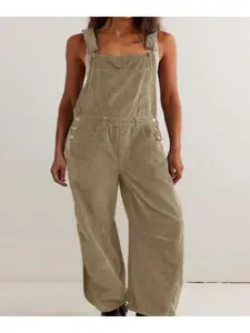 Adjustable Romper Jumpsuit with Pockets Women's Corduroy Overall Barrel Wide-Leg Bib Pants Fall/Winter Casual Cotton Minimalist Everyday Fit Soft Style Basic Brown Womenswear Fitted Sleeveless Strap Strappy