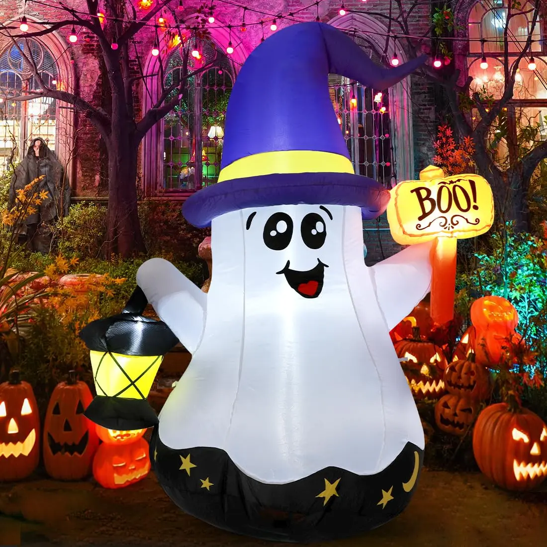 5 FT Halloween Inflatable Cute Wizard Ghost with Handheld Lantern, Built-in LEDs, Waterproof Poly Outdoor Decor for Lawn, Garden, Playful Look Indoor-Outdoor Halloween Party Toy