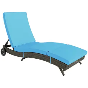 Outsunny Wicker Chaise Lounge Chair Outdoor with Wheels & Cushion, PE Rattan Patio Lounge Chair with 5-Level Adjustable Backrest for Poolside, Garden, Dark Blue