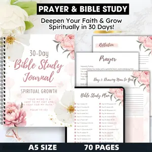 Spiritual Growth Bible Study Journal for Women, 30-Day Daily Devotional & Prayer Journal, Aesthetic Floral A5 Notebook, 70 Pages