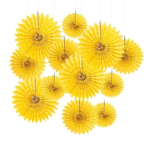 8" - 16" Yellow Hanging Paper Fans - 12 Pc.