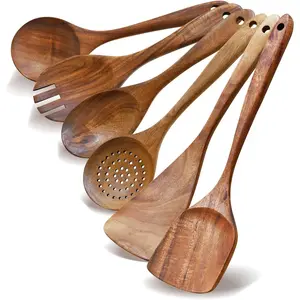 Wooden Spoon Set-6 Piece Wooden Cutlery-Daily Wooden Cutlery Cooking Spoon-Natural Teak Kitchen Set-Teak Cooking Utensils with Smooth Non-Stick Surface-For use in the kitchen when cooking