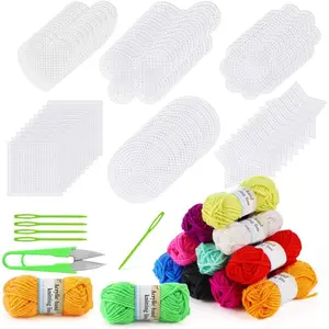 60-Piece Mesh Plastic Canvas Kit - 6 Shapes, 3-Inch Clear Canvas, 12 Colors Acrylic Yarn and Tools for Embroidery, Knit and Crochet Projects