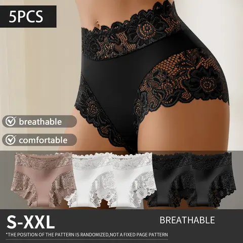 QUASTI 5/10 Pack Silky Smooth & Sexy Lace Mid-Waist Panties for Women, Lightweight Breathable Fabric Briefs, Soft Stretch Everyday Intimates, S-XXL Feminine Feminine