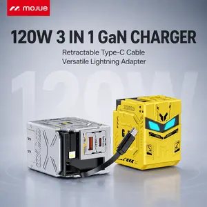 MOJUE Retractable Charger Wall Plug with Type C Cables Cords, Equipped with Type-C to Lightning Adapter, 120W Fast Charging Foldable Block Multi Charger, 4-in-1 Travel Essentials Brick Multiport for iPhone 17/16/15/14/13/12, iPad, Galaxy, LG, Pixel box