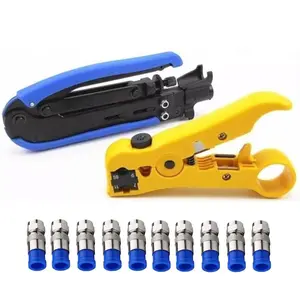 Coaxial Compression Tool Coax Cable Crimper Kit RG6, RG59, RG11 Compression Connectors 75-5 & 75-7 - 10pcs RG6 F Compression Connectors with Blue