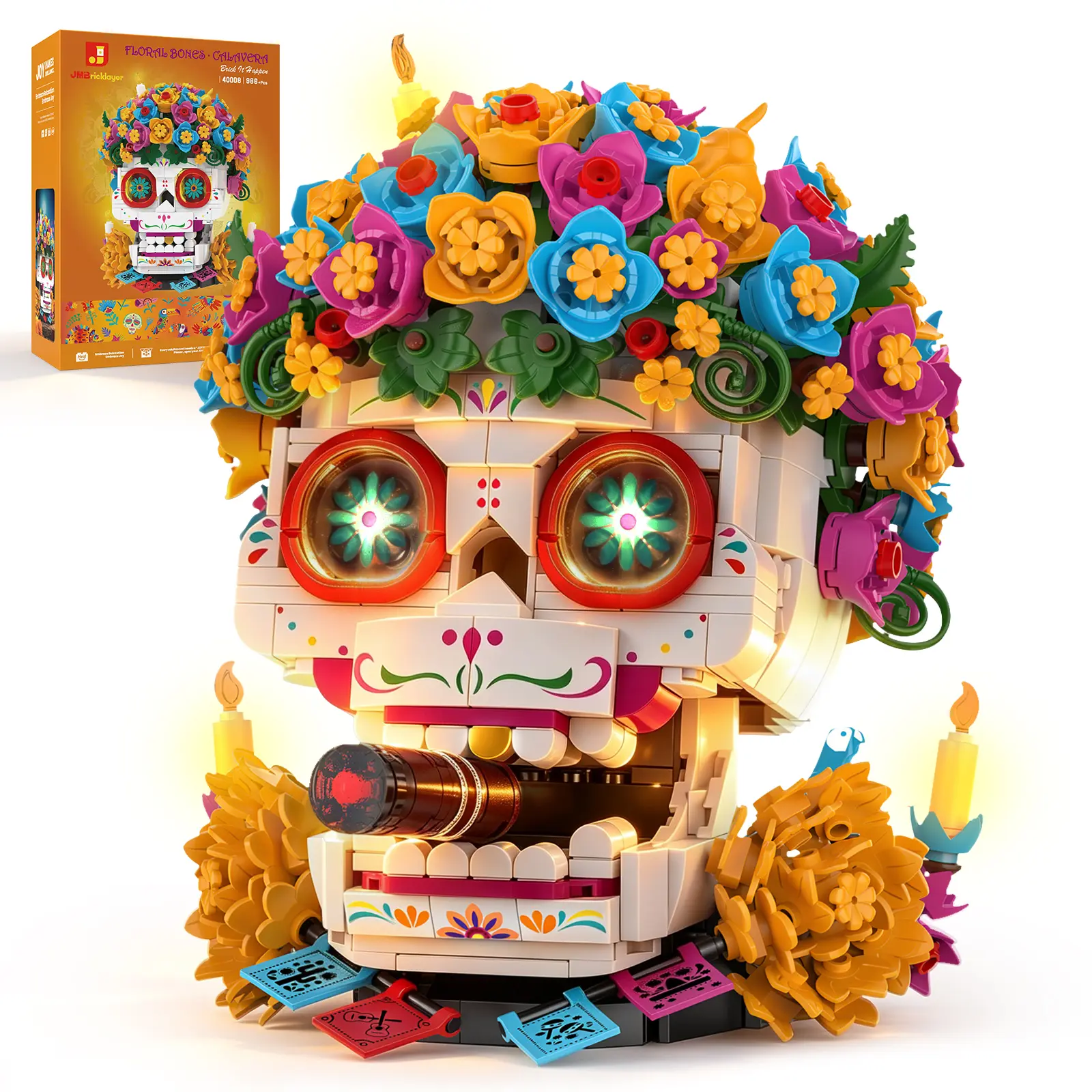 JMBricklayer Sugar Skull Building Set | Calavera Floral Skull Model | 986 PCS Light-Up Brick Kit