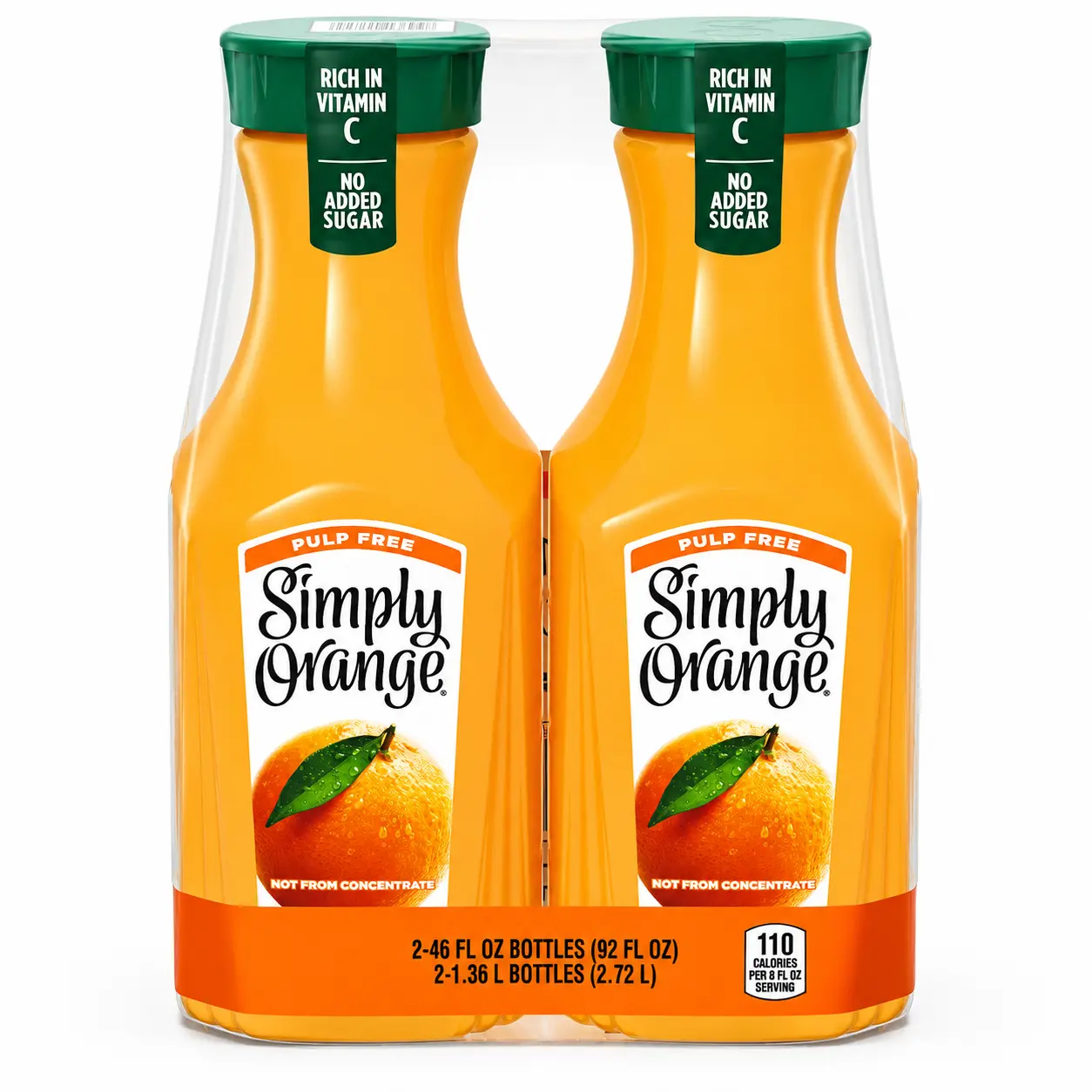 Simply Natural 100% Halal Certified Fruit Orange Juice, GMO-Free, Pasteurized, Pulp-Free, Fresh-Squeezed Taste Beverage, 46 fl oz Bottles, 2-Pk (92 fl oz Total), 12 Months Shelf Life, Suitable for All Ages