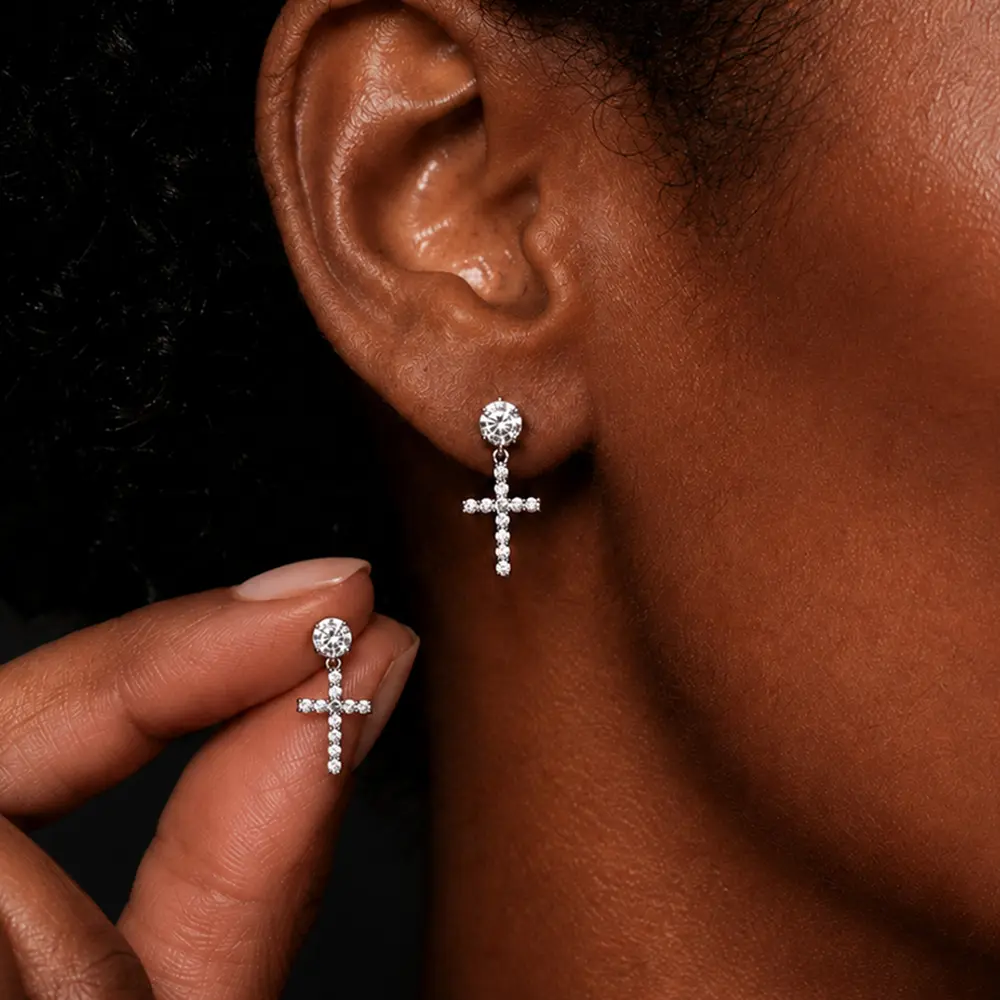 Hypoallergenic Iced Cross Drop Hoop Dangle Earrings Men Women, 5A+ Cubic Zirconia Silver Gold Stud, Religious Christian Daily Party Jewelry Gift