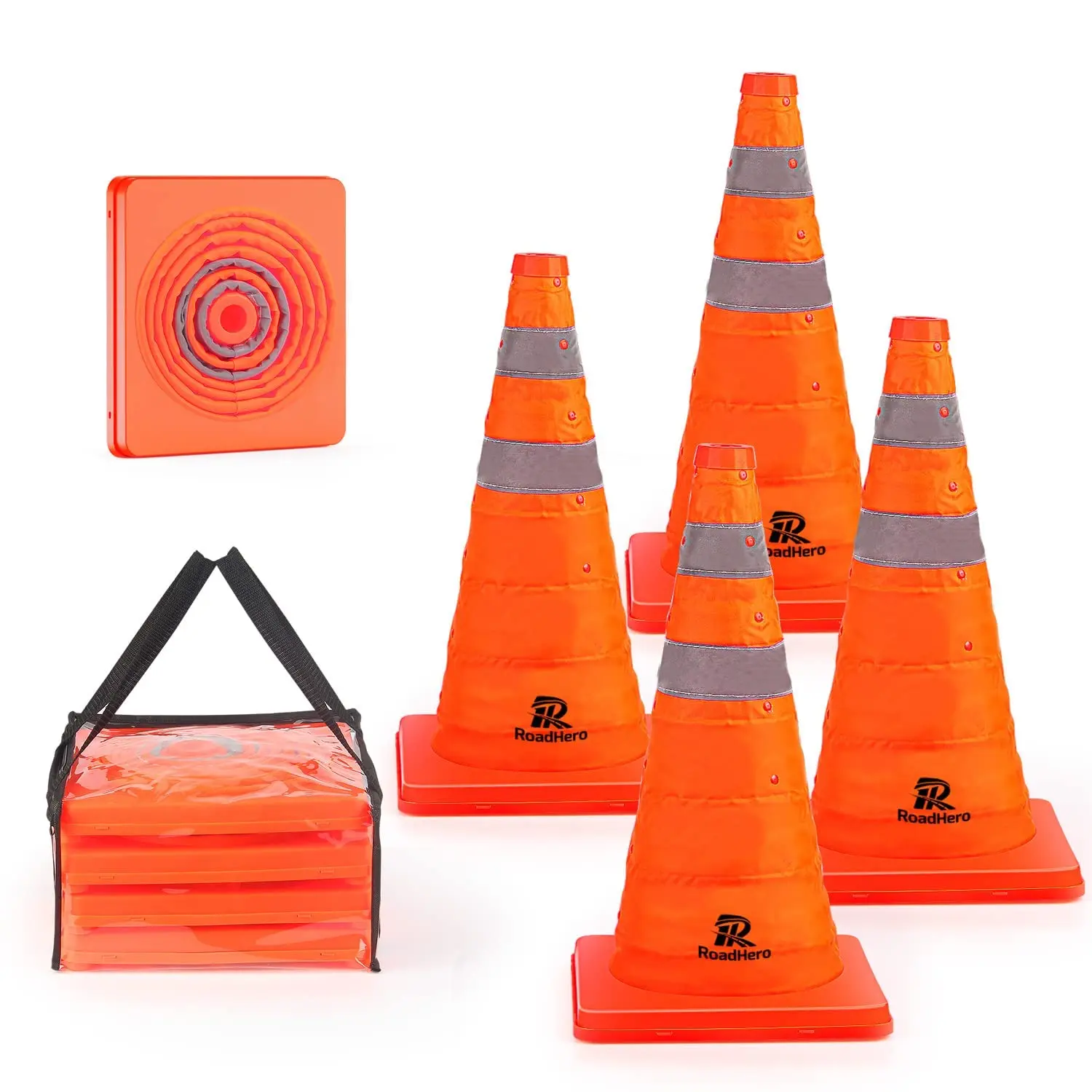 RoadHero 18" Collapsible Traffic Cones 4 Pack with Reflective Collars for Parking, Driving, Road Safety