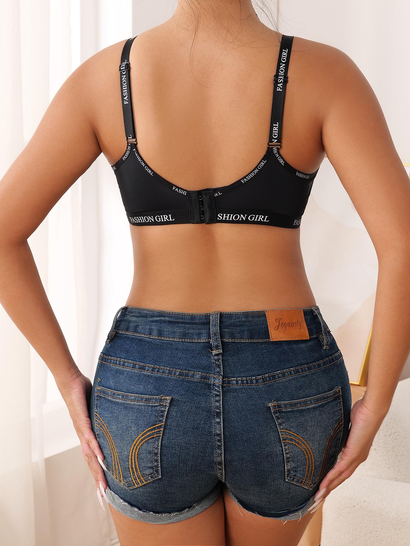 Women's "FASHION GIRL" Letter Print Push Up Bra, Underwire Mesh Deep V Bralette with Adjustable Straps, Comfortable Supportive Everyday Bra