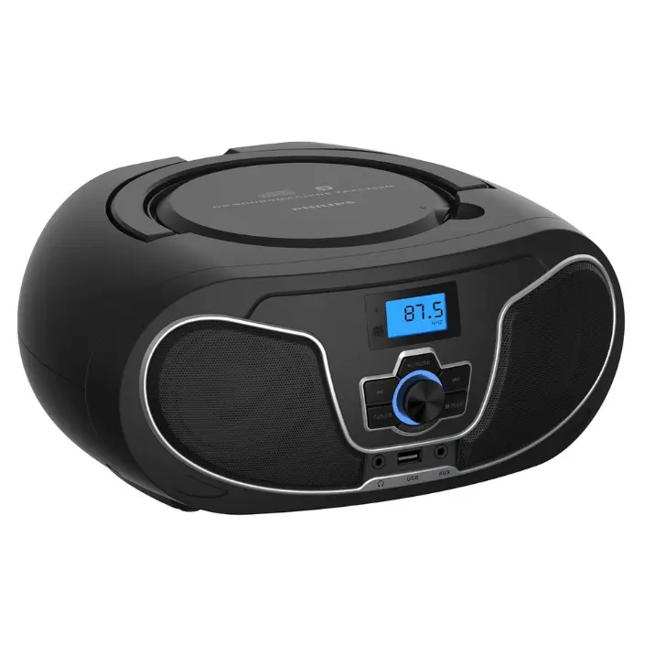 PHILIPS Black Portable Bluetooth Boombox for Music Lovers - Top-Loading, Dynamic Bass Boost, Dual Speakers, FM Radio, USB, 3.5mm Auxiliary Input, Stereo Sound, CD-R/CD-RW Support, MP3 Compatibility, Lightweight, Daily Use