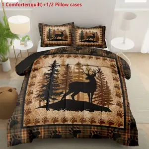 Cute Deer Print Quilt Set 2/3 Pieces, Decorative Bedding Set, Room Decoration, Vintage Country Style, Includes 1 Quilt and 2 Pillowcases