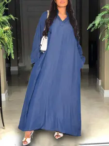 Plus Size Denim Print Women's Non-Stretch Lapel Long Dress - Loose Fit Casual Everyday & Formal Outfit in Machine Washable Fall/Winter Wardrobe Essential, Winter Clothing, Relaxed Silhouette, Denimlike Fabric, Winter Essentials Womenswear Basic