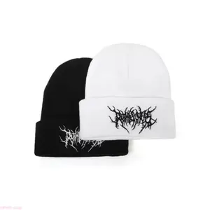 Unisex Solid Color Embroidered Gothic Punk Knit Beanie, Soft Acrylic Warm Adjustable Skull Cap, Classic Streetwear Style Ski Headwear, Cozy Cold Weather Accessory for Autumn Winter Daily Wear and Couple Matching Outfits