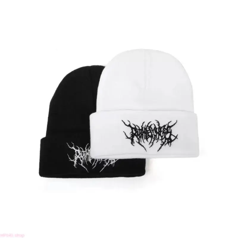 Embroidered Skull Beanie, Gothic Punk Knit Cap for Men & Women - Soft Acrylic Streetwear for Cold Weather, Punk Accessories