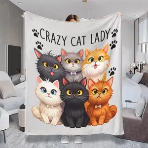 Crazy Cat Lady Themed Throw Blanket, Multiple Specifications Available, Colorful, Soft Flannel Material, Ideal for Cat Lovers, Perfect for Napping & Couch Snuggling, Cute Cartoon Cats Design, Light - hearted Style, Hot Throw Blanket