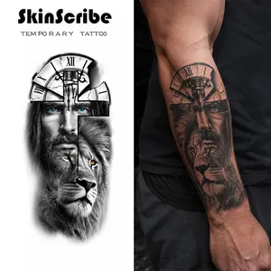 2 sheets Steezy Stick-on Waterproof Temporary Tattoo Stickers, Ink sticker Lion Jesus Design , fake Tattoo ,Long-Lasting 4-7 day tattoos,Teen tattoos Try before real tattoo,TikTok trends tattoos