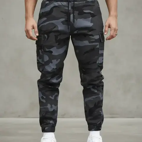 Men's Camouflage Cargo Pants, Casual Streetwear Trousers with Multiple Pockets, Adjustable Waist and Elastic Ankles, Casual Outdoor Wear, 100% Polyester, Eu Size, Casual Fitted Cut