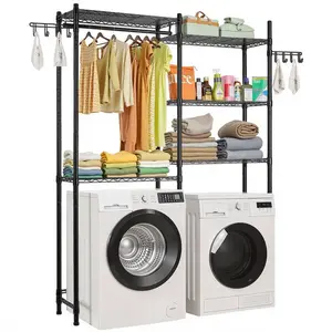 Black 5-Tier Over Washer and Dryer Storage Shelf, Hangable Laundry Room Drying Rack with Hanger Rod and Hooks, 2-Row Adjustable Space-Saving Laundry Room Organization Accessory
