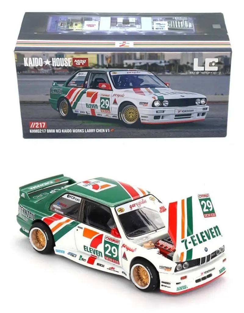 KAIDO HOUSE MINI GT 1:64 Larry Chen 7-11 BMW M3 E30 Sealed Model Toy Vehicle, KHMG164 Collectible for Toys & Hobbies Enthusiasts