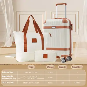 Hardshell Luggage Set 3-Piece, 20 Inch Carry-On Suitcase with Spinner Wheels TSA Lock, Lightweight Durable ABS for Travel Business, Cream