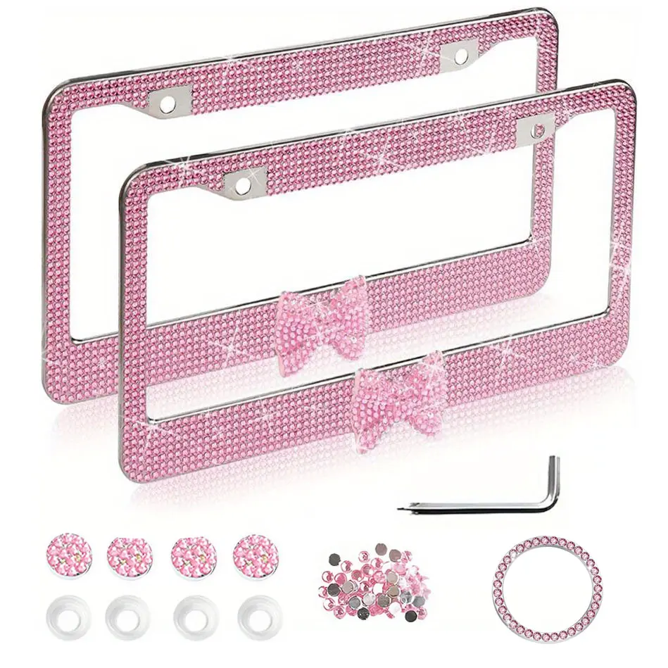 Crystal Rhinestone Bowknot License Plate Frame Decoration - Stainless Steel Anti-Rust Hardware Kit, Multiple Colors, US Standard Plate Fit, Sparkly Car Exterior Accessory