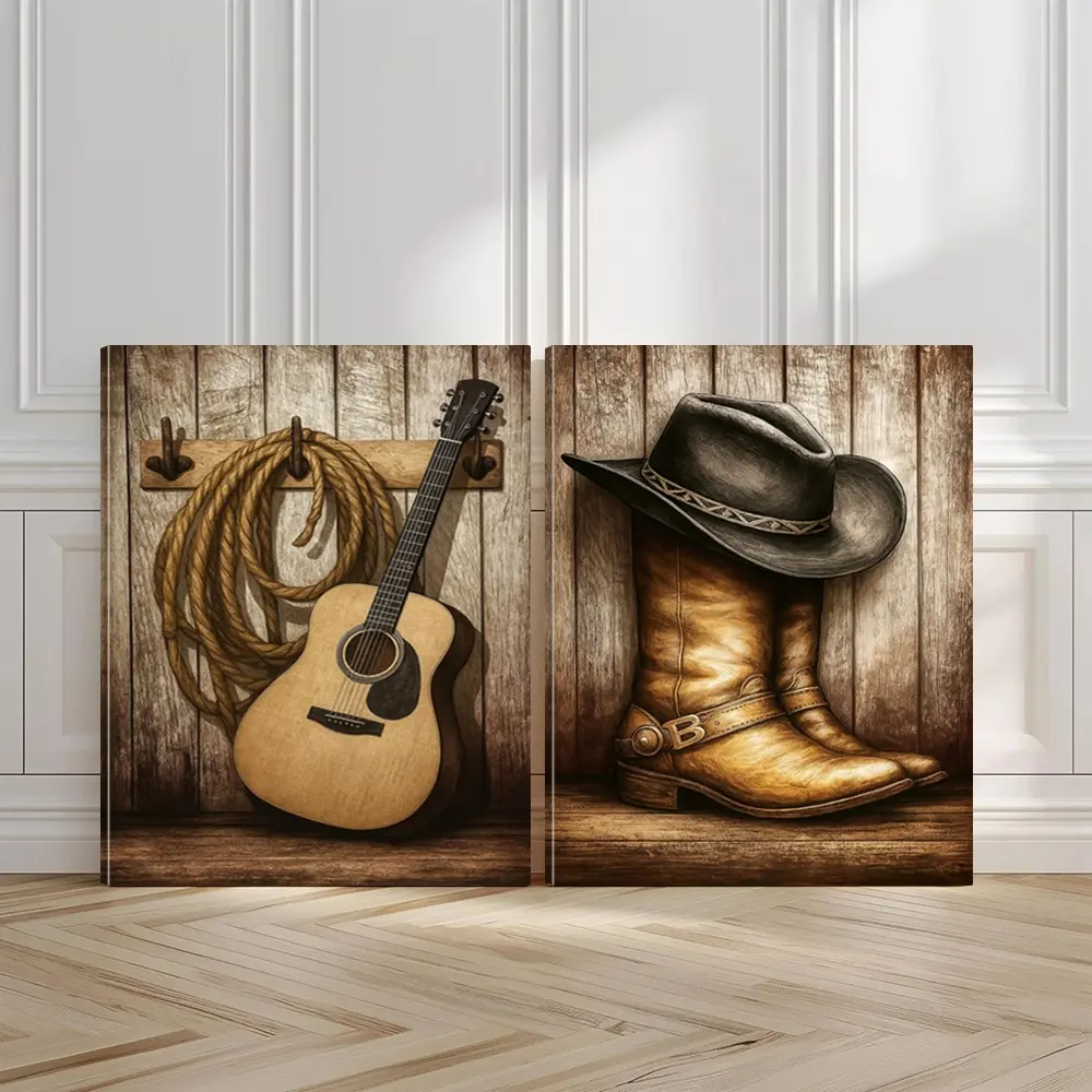 2pcs Western Style Wall Art, Art Work For Wall Decor, Guitar Charm Poster, Cowboy Boots Art Prints, Rustic Vibes Home Decoration, Modern Wall Paintings, Canvas Posters Wall Arts, Decor for Living Room, Bedroom, Housewarming Gift, With Frame
