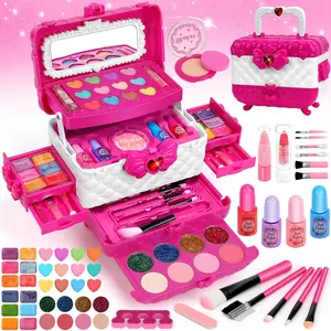 TikTokShopSpringGlowUp 54 Pcs Kids Makeup Kit for Girl, Princess Toys Real Washable Cosmetic Set with Mirror, Kids Makeup Sets for Girls, Play Make Up Christmas Birthday Gifts for 3 4 5 6 7 8 9 10 11 12 Years Old Kid (Rose)