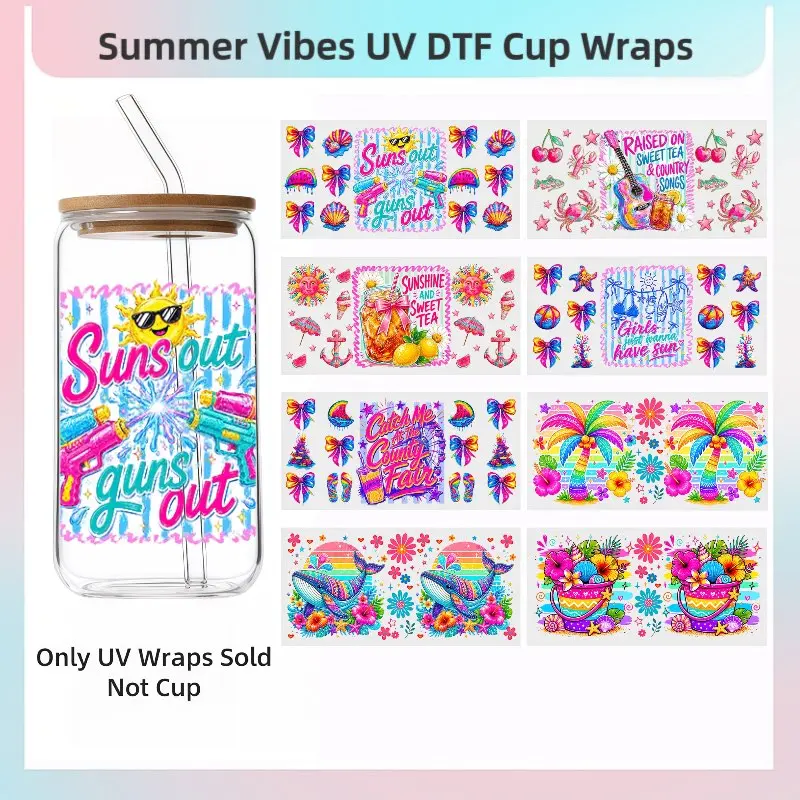 Bright Summer UV DTF Tumbler Wraps, Tropical Beach Vacation Cold Transfer Stickers, DIY Cup Decals For 16oz Glass Can