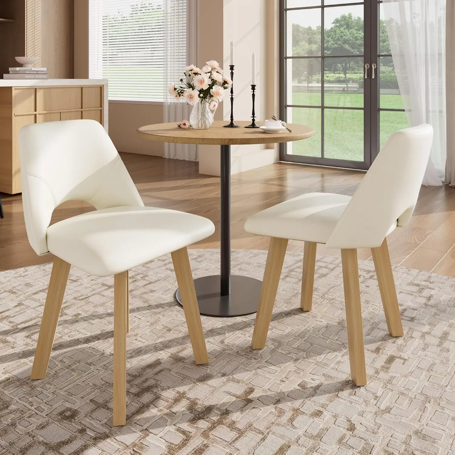 2-Pack Beige PU Dining Chairs – Upholstered, Scratch-Resistant Padded Seat & Wood Frame – Modern Armless Side Chairs for Kitchen, Dining Room, Patio