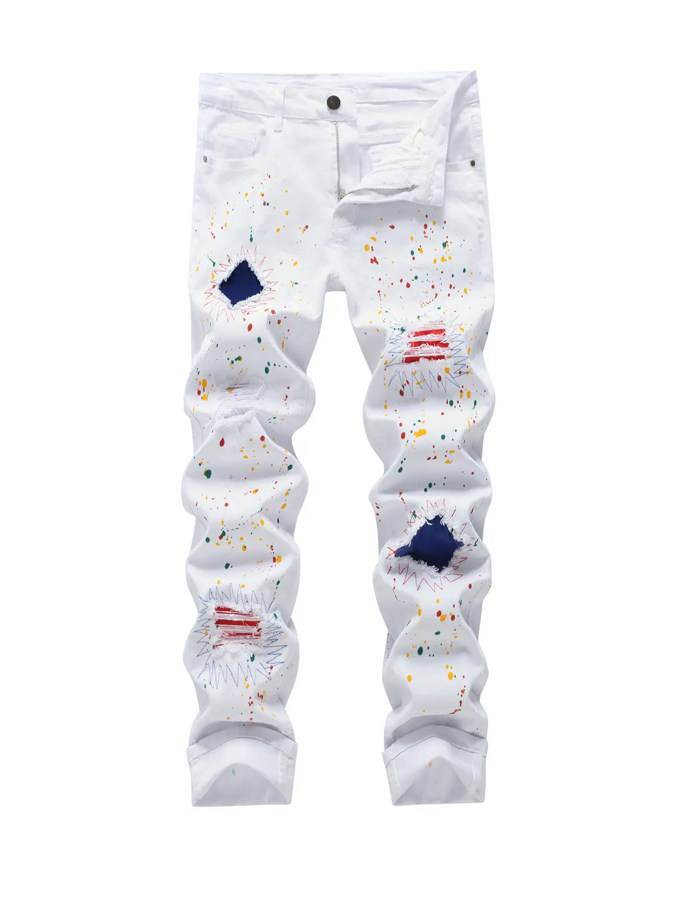 Men's Stretch Slim Fit Ripped Distressed Denim Pants - Comfort Flex Waist, Splatter Colorblock Design, Multi-Function Casual Streetwear Menswear for All-Season Retro Style