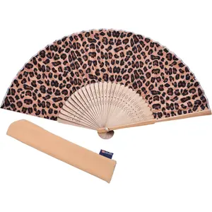Hand Fan Bamboo Leopard Printed Folding Fan Cotton For Party Wedding Gift with Fan Cover