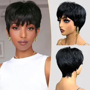 ShowRealHair Short Pixie Cut Wig 4 Inch Straight Virgin Brazilian Human Hair Natural Black With Bangs Full Machine Ready To Go Glueless Wig