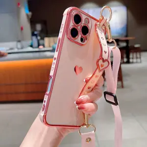 Electroplated Solid Heart Phone Case Cover with Lanyard and Wrist Strap, Fits iPhone 11 12 13 14 15 16 17 Pro Plus Pro Max, Travel Friendly