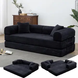 78 Inch Convertible Folding Sofa Bed,Fold Out Floor Sofa Couch with Fixed-Shape Frame,Corduroy Foldable Mattress Cloud Couch for Living Room Bedroom (Black)