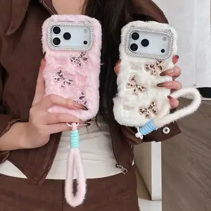 Cute Leopard Print Bow Phone Case for iPhone 17-11 Pro Max, Soft Plush Material, Fun Aesthetic, Holiday Gift Idea, Anime Lover