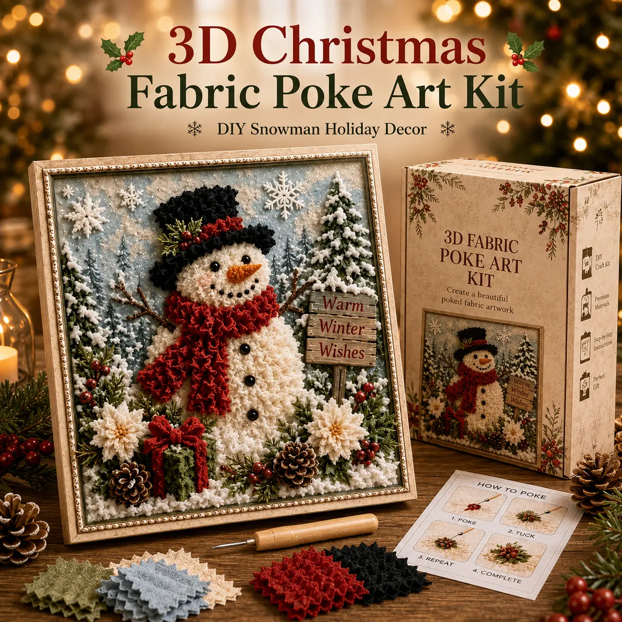 3D Christmas Fabric Poke Art Kit, DIY Snowman Embroidery Craft Kit, Handmade Holiday Wall Hanging Decor, Creative Christmas Decoration Gift for Adults & Craft Beginners