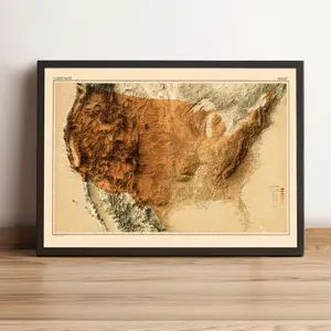 USA Map, US 2D Relief Map, United States Vintage Map (Option 1) - Unframe Print