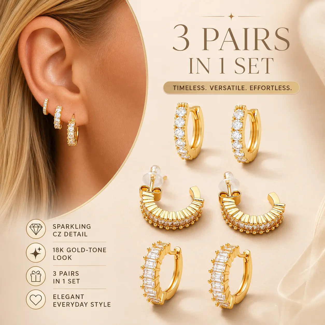 3 Pairs 14K Gold Plated Hoop Earrings Set for Women, Hypoallergenic Stainless Steel Huggie Earrings with Cubic Zirconia, Cartilage & Snug Pierced Ear Jewelry Gift